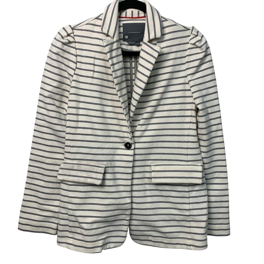 Anthropologie Womens Small S Cream White Blue Blazer Yacht Jacket Puff Sleeve